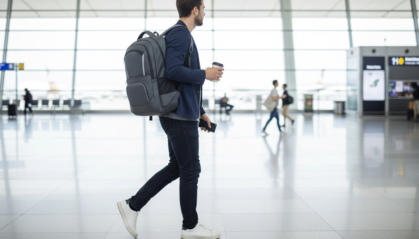 Traveller wearing an anti-theft smart backpack in an airport – Pack Carry & Go hero banner
