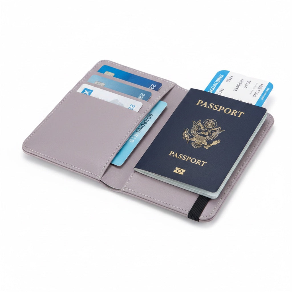 RFID Leather Passport Bag for Women – flat lay detail photo 1